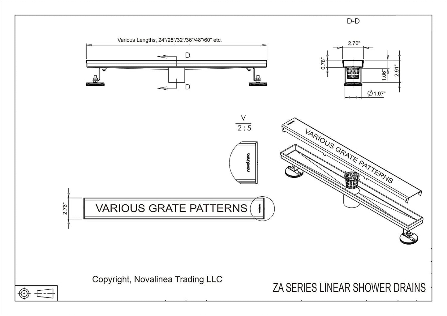 26 Inch Linear Shower Drain with Tile Insert Grate